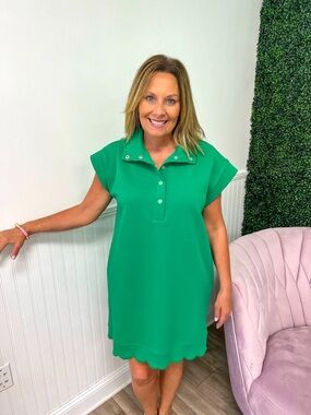 Scallop-Hem Green Polo Mini Dress